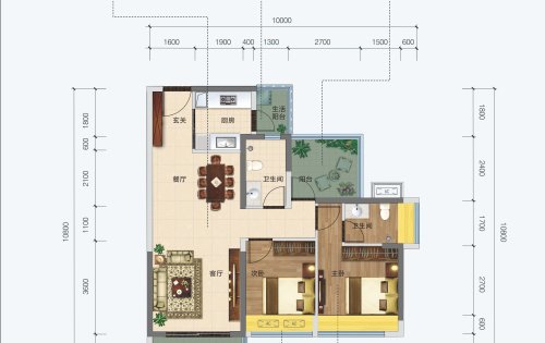 小户型89平，总价低刚需户型2+1房2卫(图1)